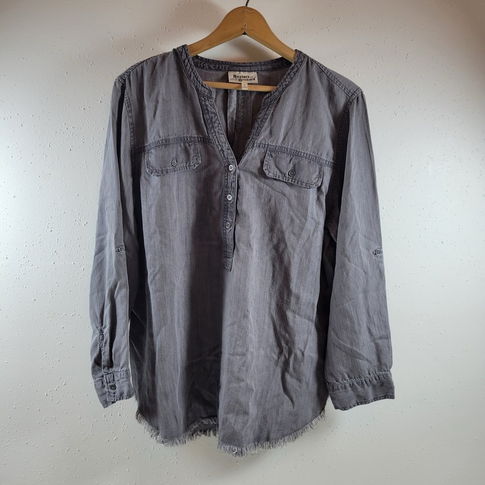 Hester & Orchard Tunic Womens L Grey Excellent Tencel‎ Fringe Hem Roll Tab Top